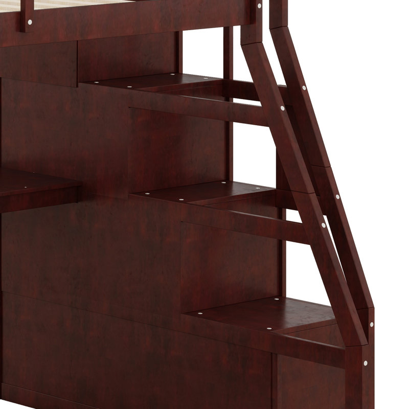 Lit mezzanine moderne avec 7 tiroirs, 2 tablettes et bureau intégré, Lit double, Espresso