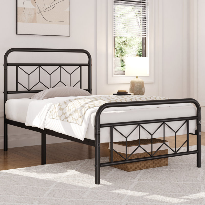 Modern Metal Bed Frame with Vintage Headboard, Single (3'), Black