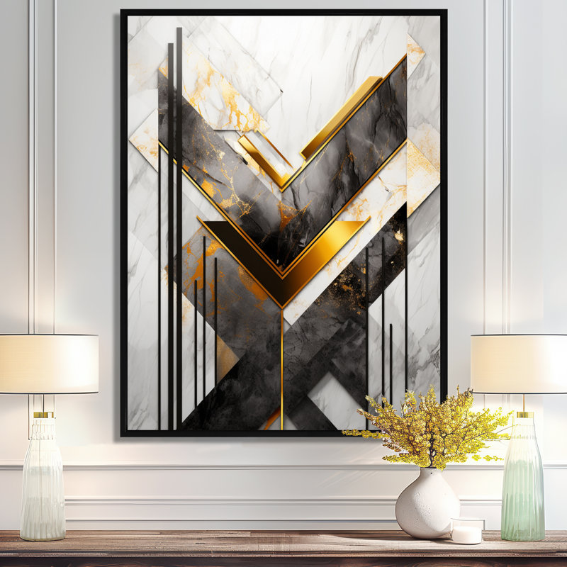 Golden Triangular Chevron - Geometric Wall Art, 20" H x 12" W x 1" D, Black Floater Framed Canvas