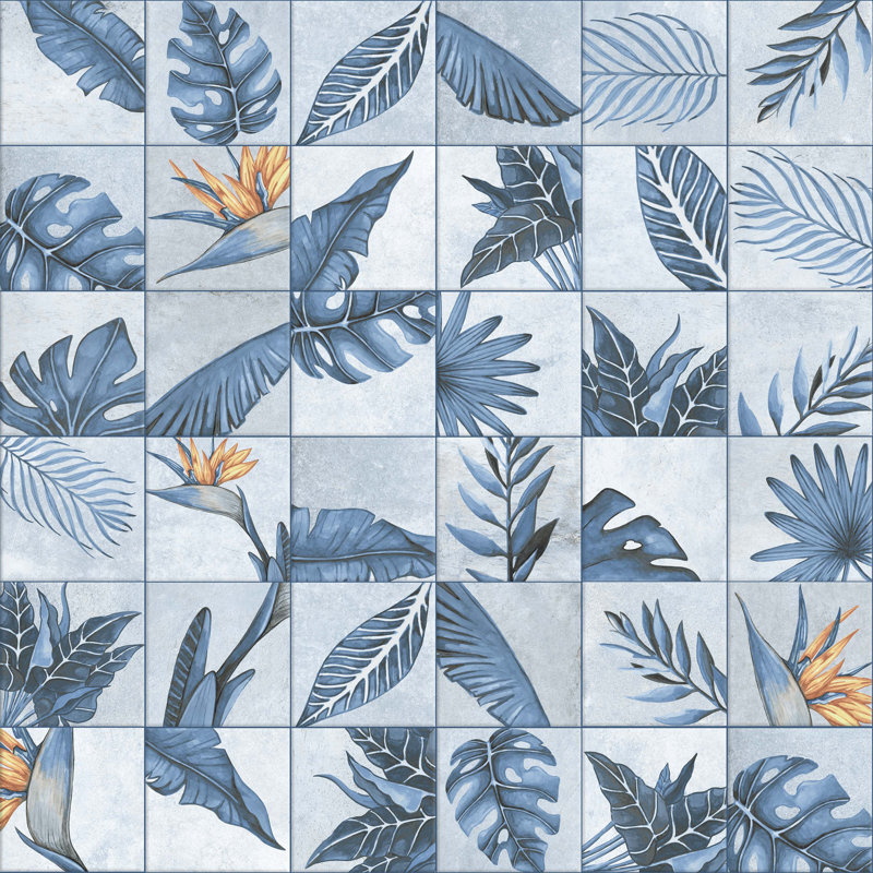 Nusa Botanic 9 3/4" x 9-3/4" Porcelain Wall & Floor Tile, Sapphire