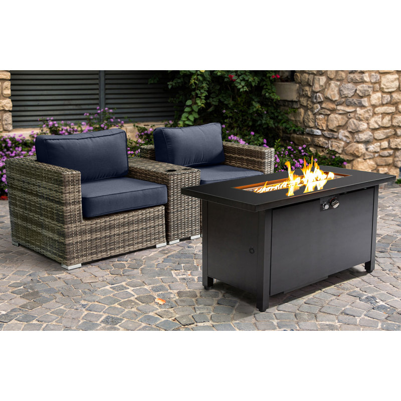 Lsi 2 Person Seating Group With  Sunbrella Cushions And Rectangle Metal Firepit, Sunbrella Navy Blue