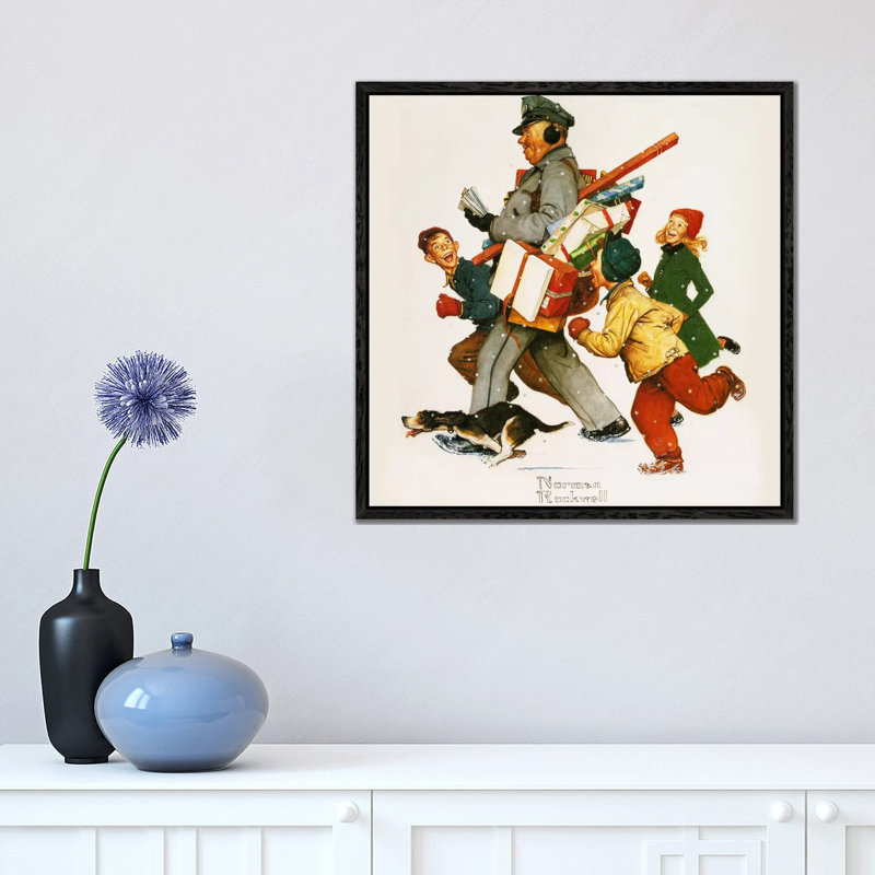 Jolly Postman by Norman Rockwell - Painting on Canvas, 45.72 cm H x 45.72 cm W, Black Framed