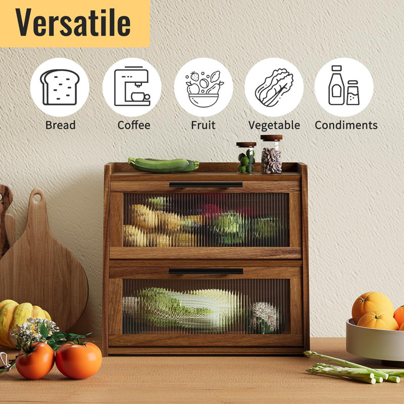 Bread Box For Kitchen Counter, Wooden Double Layer Bread Storage Container Bin,Bread Holde,Countertop Bread Storage With Window