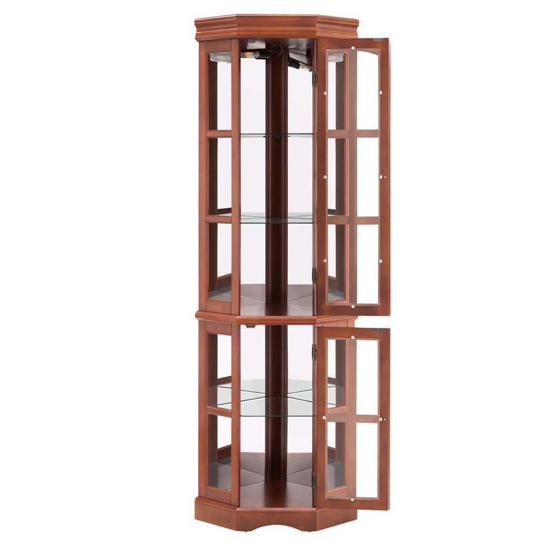 Walnut Finish Corner Curio Cabinet With 5 Shelves And Engaging Lighting 5-shelf System In, Walnut