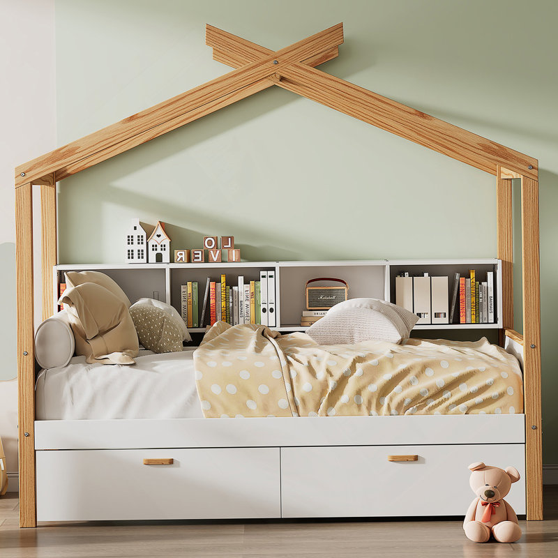 House Bed With Two Drawers And Bookshelf Storage, A Magical And Functional Sleeping Solution For Kids' Rooms, Full 