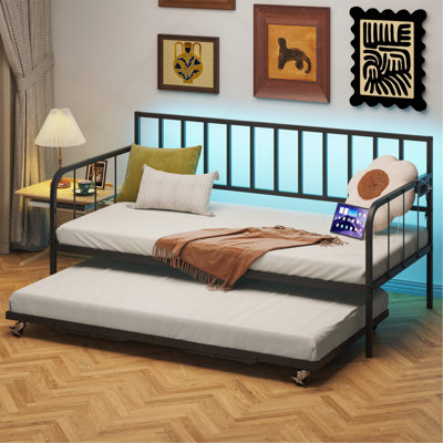 Lit de jour simple avec lit gigogne, lit gigogne en métal, cadre de canapé-lit avec lattes métalliques robustes, peu encombrant, pour le salon, la chambre à coucher et la chambre d'amis