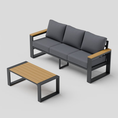 3‑Person Aluminum Patio Sofa Set with Gray Cushions & WPC Tabletop Coffee Table