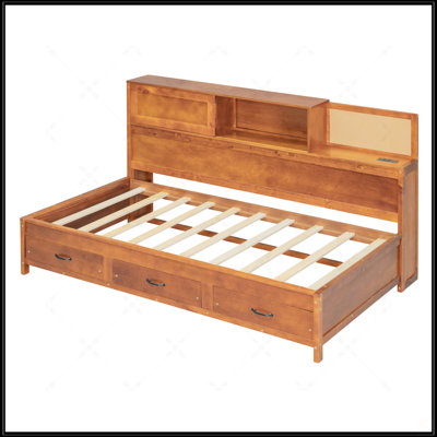 Twin Size Wooden Daybed With 3 Storage Drawers, Soft Board, Shelf, And USB Ports