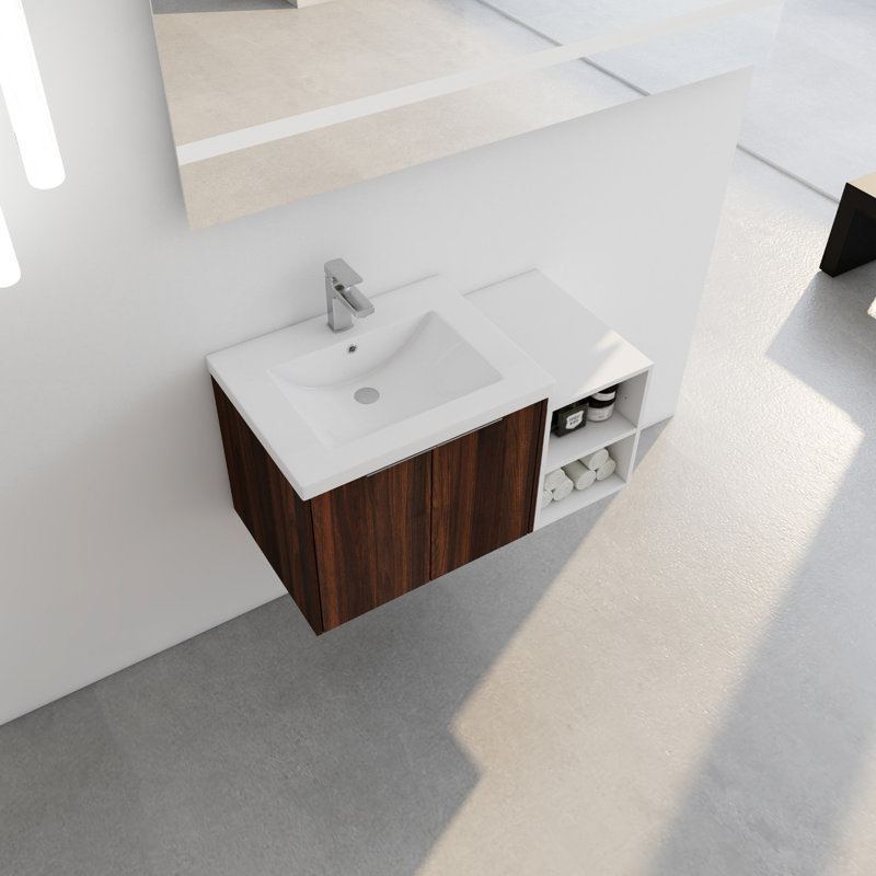 Meuble-lavabo moderne avec rangement, 36 po, mural, lavabo noyer, porte à fermeture douce, petite tablette
