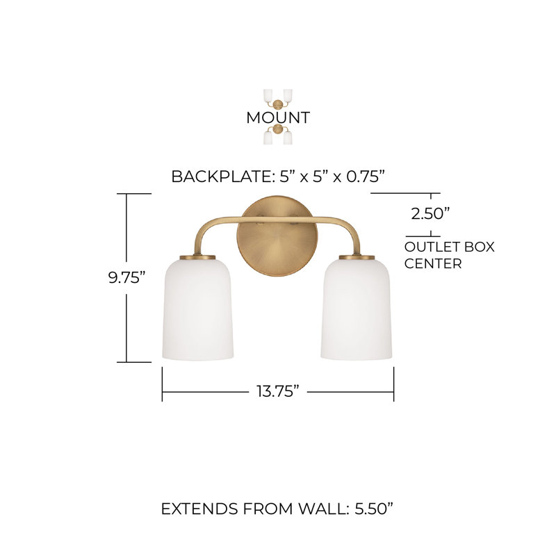 2 - Light Dimmable Vanity Light, Gold