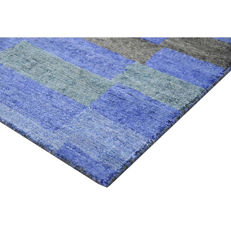 Tapis en soie noué à la main en bleu / noir / gris, Tapis de couloir 2 pi 6 po x 6 pi