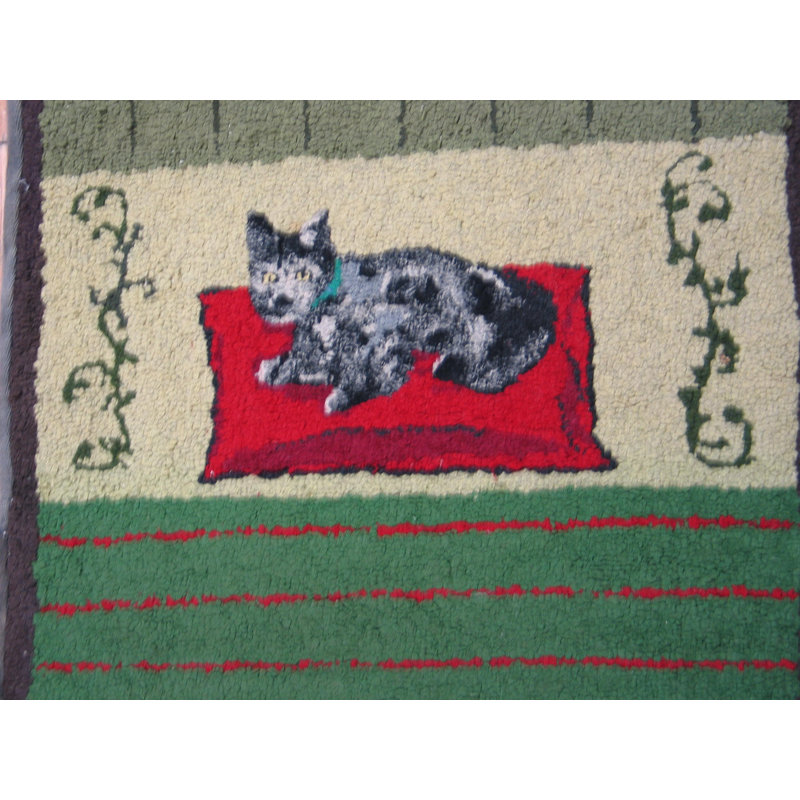 Vintage American Hooked Rug Large Hallway Runner Wool Green