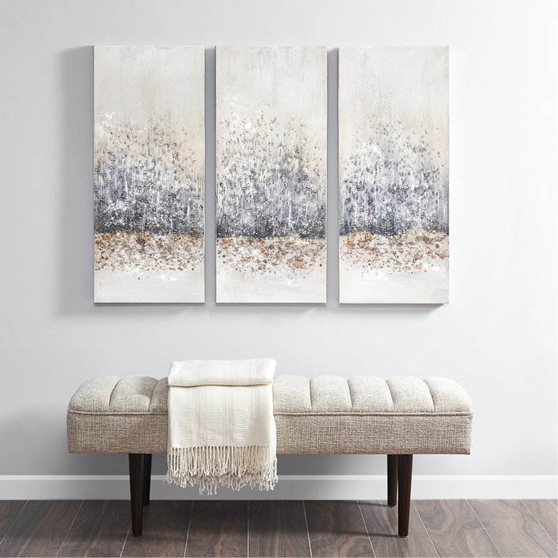 3 décorations murales gris rosé - abstrait avec paillettes faites à la main et détails de roche naturelle pour bureau
