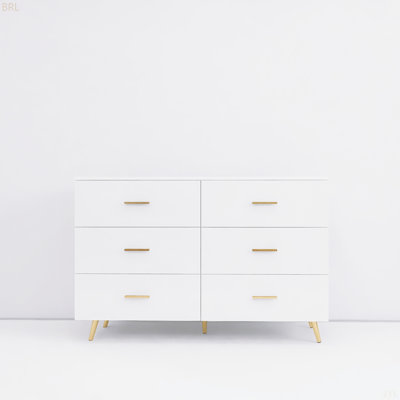 High Glossy Surface 6 Drawers Chest Of Drawer With Golden Handle And Golden Steel Legs White Color Vanity