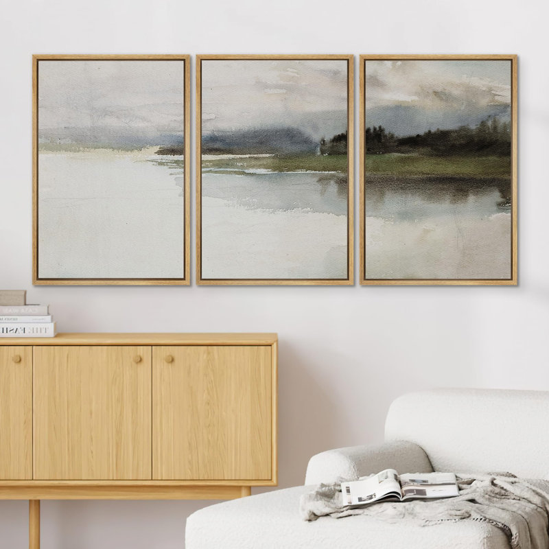 Mountains And Rivers " Tranquil Waterscape Serene Lake Calming Watercolor Scenery Illustration Rustic Artwork Ultra " 3 - Pieces