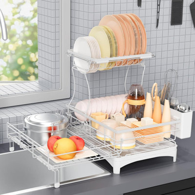 Expandable 2-Tier Dish Drying Rack With Drainboard, Adjustable Over-Sink Kitchen Countertop Dish Rack & Cutlery Holder For Maximum Space Efficiency