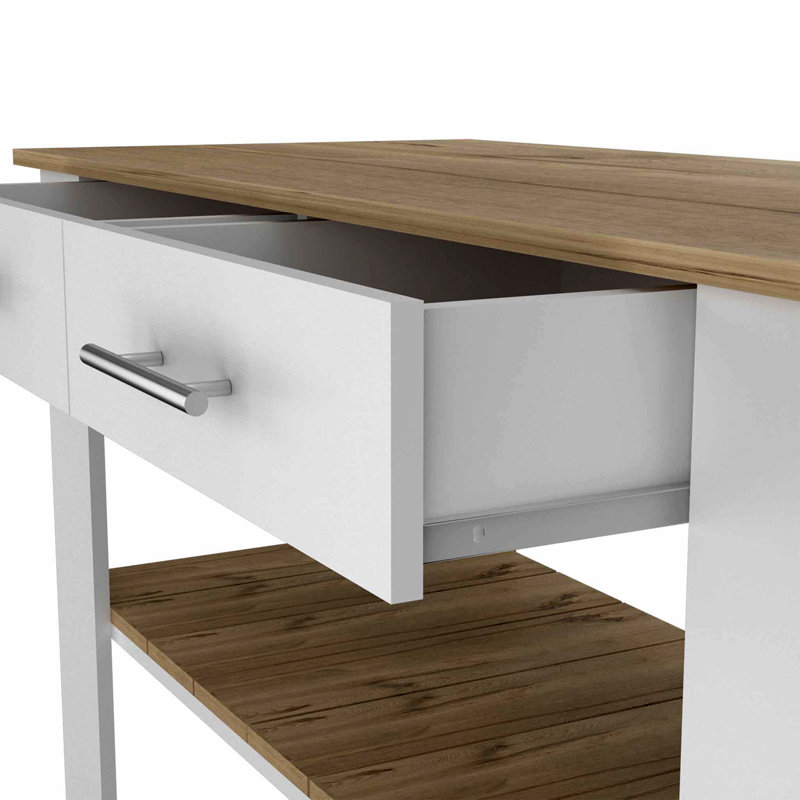 Kitchen Island 36" H, Six Casters, Two Drawers, Two Open Storage Shelves, Towel Hanger