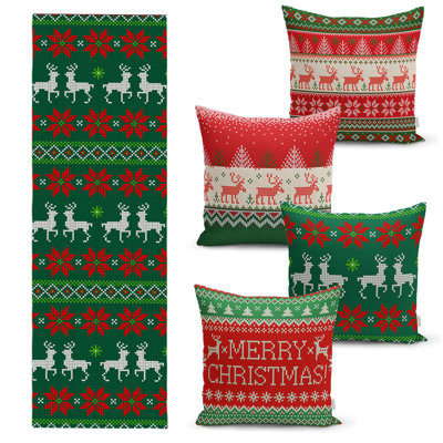 Christmas Table Runner and Throw Pillow Covers – Decorative 5-Piece Set for Dining or Living Room