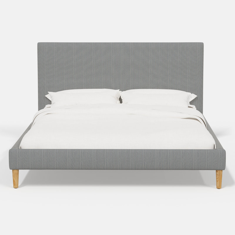 Lit plateforme Olivet, Coton bleu marine à rayures, Simple
