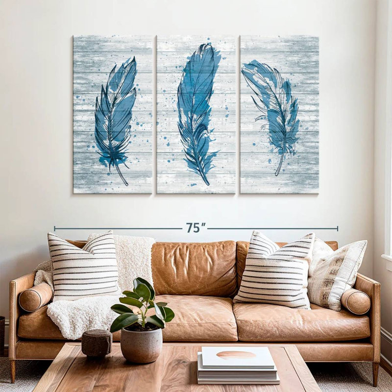 Kerner Blue Feathers On Wood, 42" H x 65" W