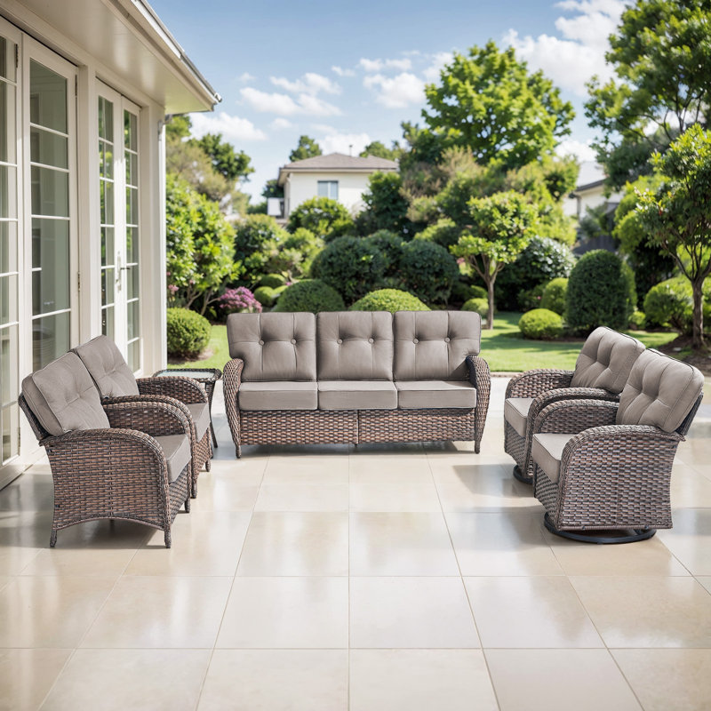 Mobilier de conversation d'extérieur en osier pour 7 personnes avec coussins en T Agnes, Gris