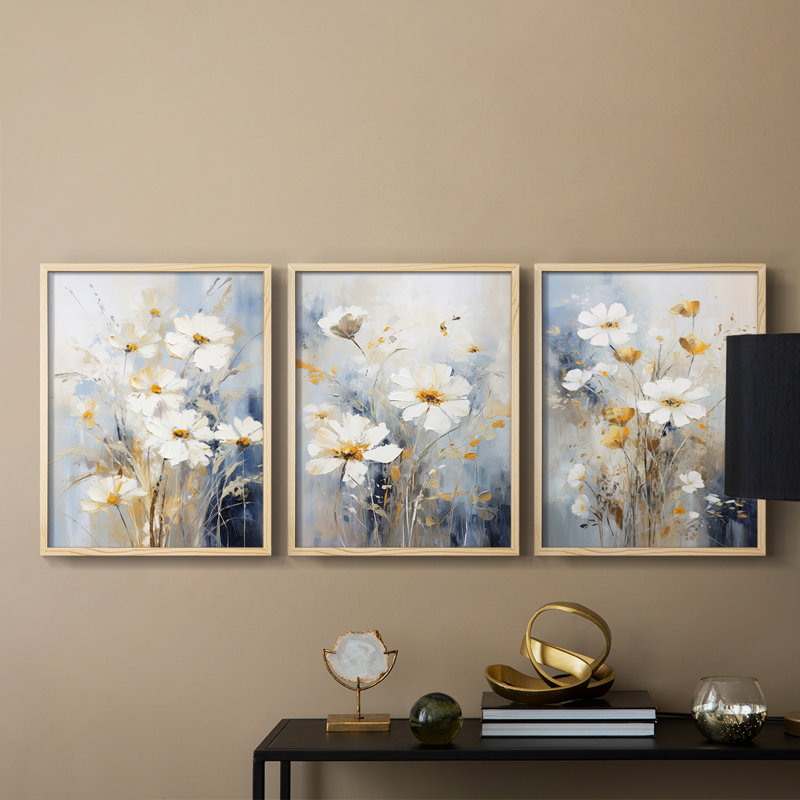 Floral Study Series XCV -Set de 3 estampes numériques giclées -Prêt à accrocher, Naturel, H 14 po x l 33 po