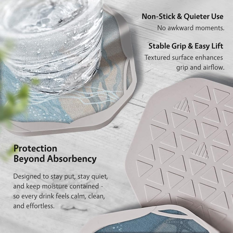 Ensemble de 6 sous-verres absorbants avec support - Thème océan, décor de table de salle à manger côtière pour la maison, Beach House Essentials, bleu, 4 po