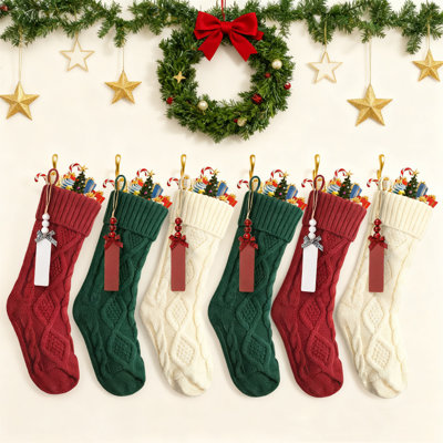 Set Of 6, 18" Colorful Cable Knit Stockings For Christmas, Cable Knit Christmas Stocking For Christmas, Large Knit Stockings Christmas