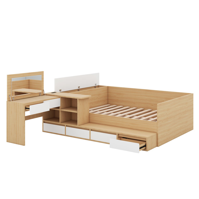 Lit plateforme double en bois avec tiroirs, tablettes et coiffeuse, Naturel