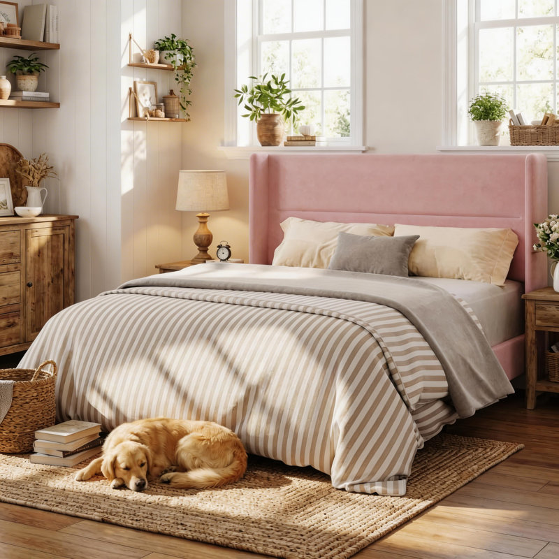 Full Size Bed Frame with Wingback Headboard, Velvet Upholstered Platform Bed Frame with Sturdy Wooden Slats Support, No Box Spring Needed, Easy Assembly, Pink