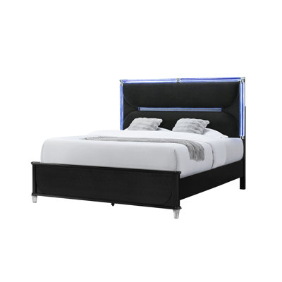 Structure de lit moderne à profil bas pour grand lit noir avec éclairage à DEL intégré et tête de lit décorative en cristal concassé, lit en bois massif et en bois d'ingénierie pour la chambre à coucher