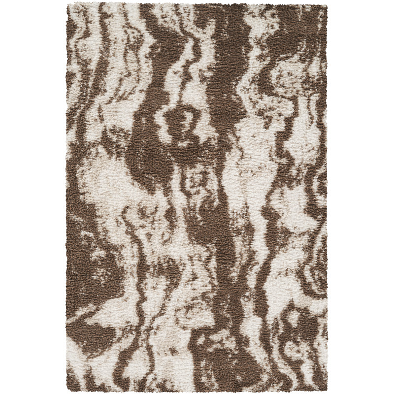 Tapis moderne à poils longs abstrait Nova brun et ivoire, lavable, Brun / Ivoire, 7 pi 8 po x 10 pi 2 po