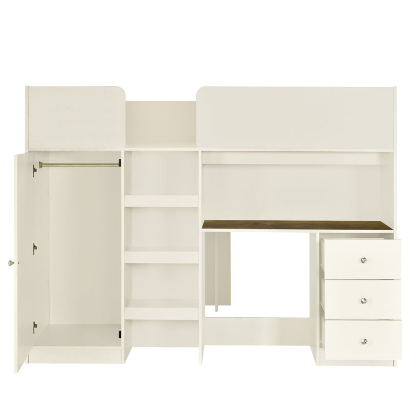 Beige Full Size Loft Bed With Storage, Drawers And Desk - Structure Wood Size Integrated Wardrobe, Storage Shelves, & In