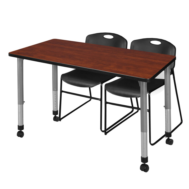 Regency Kee Mobile Adjustable Classroom Table & 2 Zeng Stack Chairs & Base, Cherry
