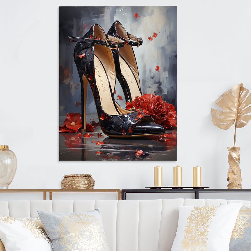Élégance florale noire et rouge à talons hauts - mode, talons hauts, art mural en métal, H 32 po x l 16 po x P 1 po