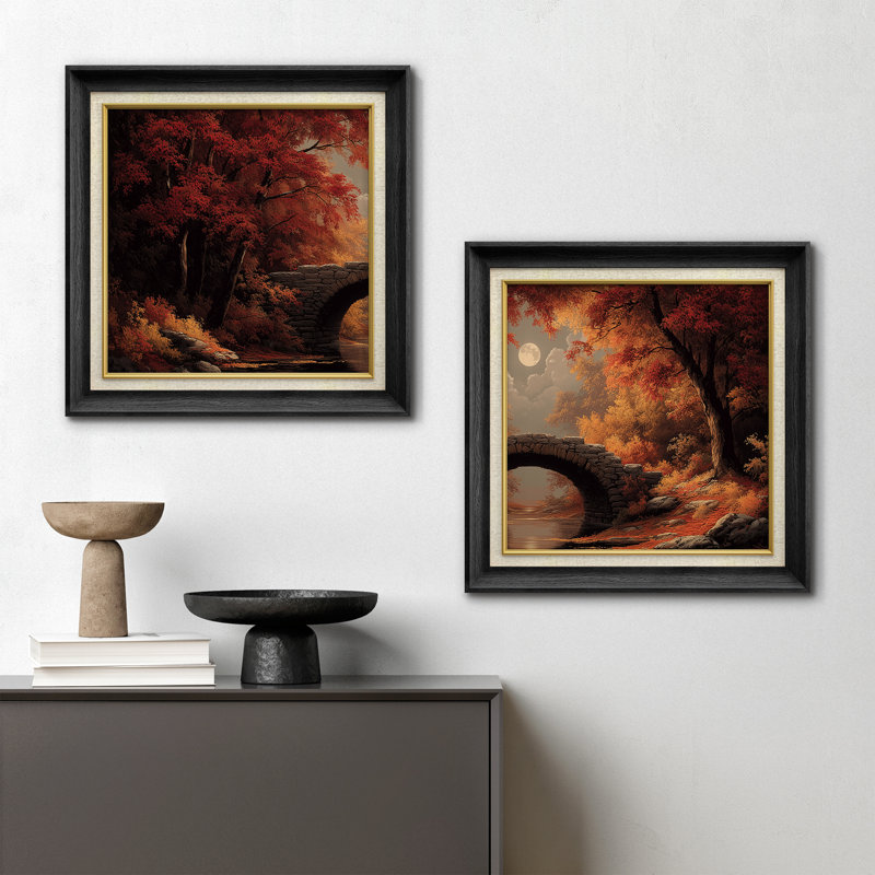 Autumn Forest Moonlight Stone Bridge Landscape - Art mural encadré en papier dans la chambre principale, 2 pièces, Noir