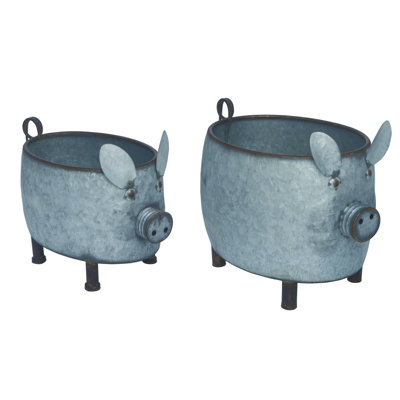 Allonte 2 Piece Metal Pig Statue Planter S/2