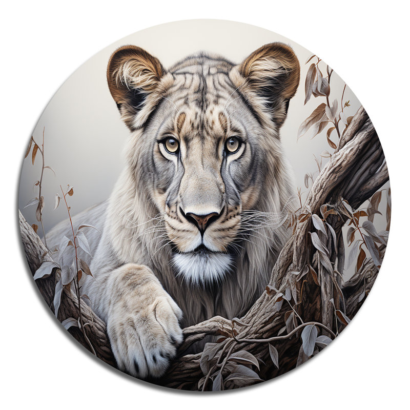 Lionne d'Afrique, puissance II - paysages, art rond en métal, H 23 po x l 23 po