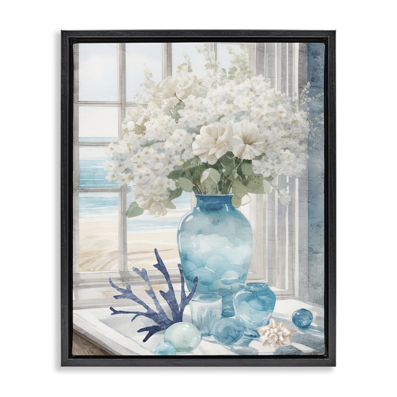 "Coastal Flower Vase Floater", art mural par Kim Allen, Cadre flottant noir de jais, H 31 po x l 25 po