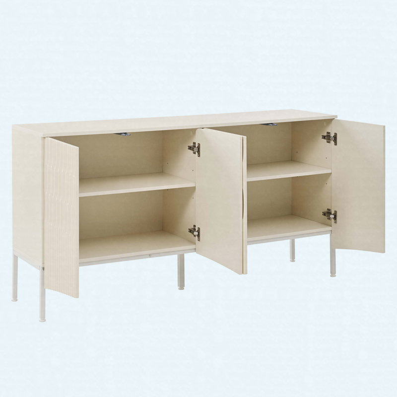 Élégant buffet à quatre portes avec portes inférieures incurvées et rainures arquées - Console moderne en bois avec pieds en métal