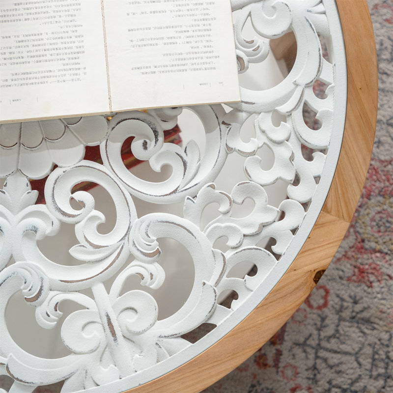 Table basse ronde en bois avec plateau en verre (table incluse seulement)
