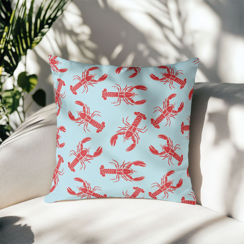 Coussin décoratif d'extérieur Lobster, Bleu sarcelle clair / rouge, Carré 16 po