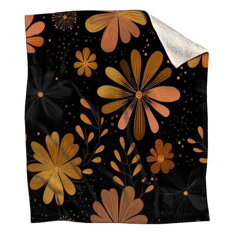 Jeté Floral, L 60 po x l 50 po, Motif floral noir / orange