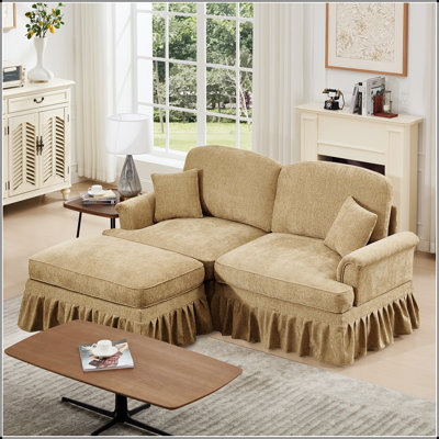 Élégant canapé Mid-Century modulaire à deux places en forme de L avec accoudoirs évasés, volants amovibles et pieds fuselés, canapé-lit en chenille confortable avec repose-pieds mobile