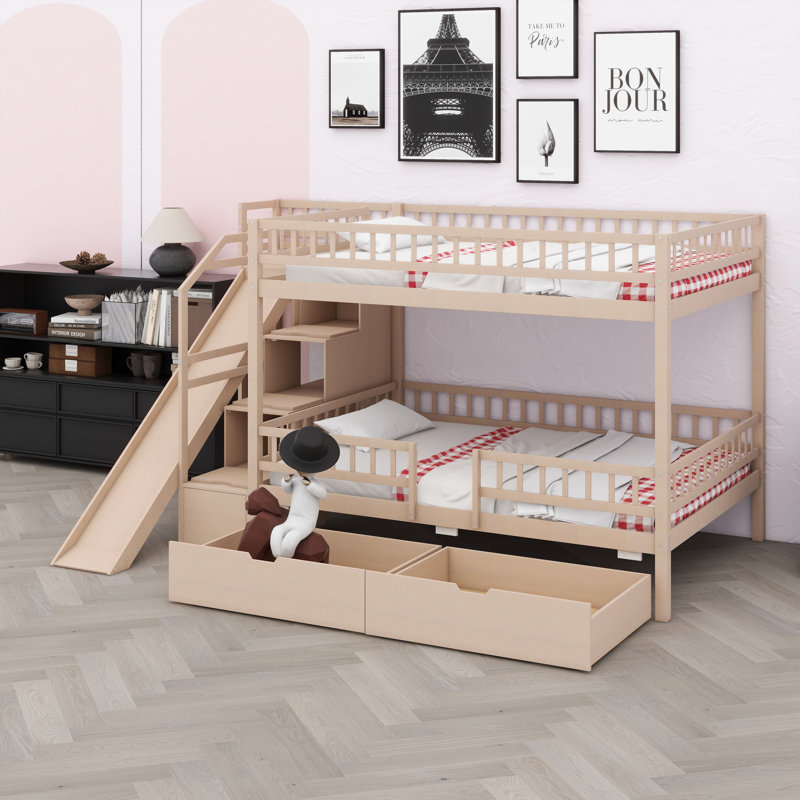 Lit superposé avec rangement pour escalier, glissières et tiroirs de rangement, Walnut