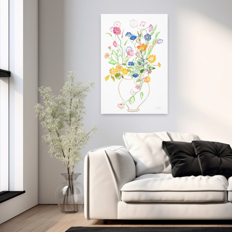 Art contemporain contemporain coloré délicat avec fleur rose délicate, H 36 po x l 24 po