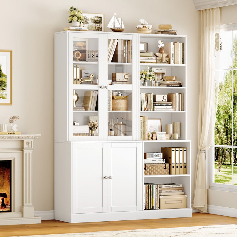 73.2''H X 31.5''W Tall Bookcase Cabinet With Glass Doors & 6-Tier Storage Shelves