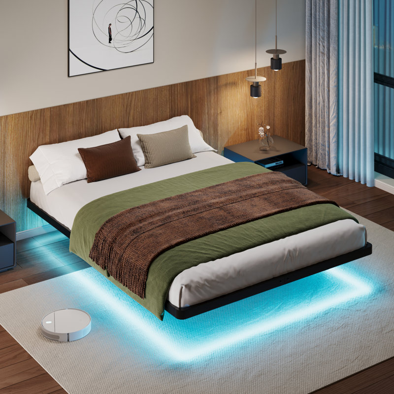Floating Metal Bed Frame With LED Lights,Underbed Storage,No Boxspring Needed, Queen