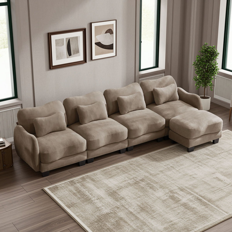 Canapé d'angle modulaire avec pouf, accoudoirs incurvés, coussins épais et coussins lombaires pour salon, Coffee