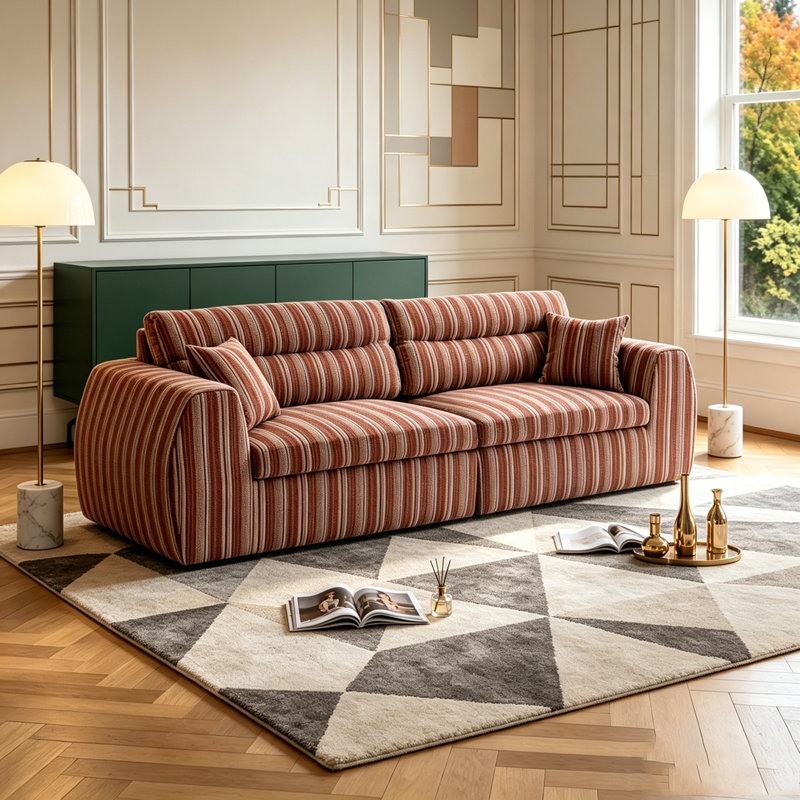 Woven Chenille Striped Compression Sofa, Mahogany,Red+Brown